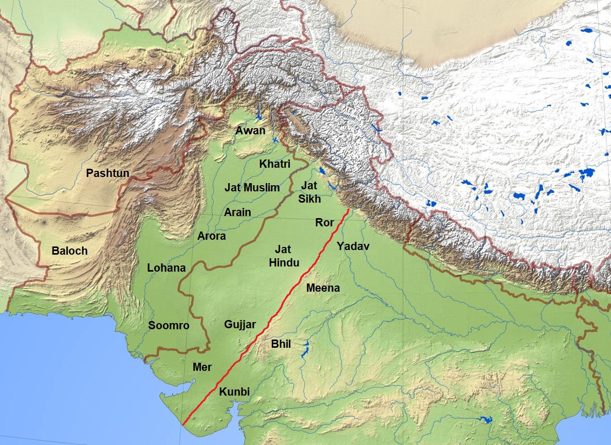 rorbrandchannel's tweet photo. Tribes of the Northwest Indian Subcontinent found in the greater Indus Valley appear genetically distinct from neighboring Indian populations in the greater Gangetic Basin. 
Below is a depiction of the hypothesized boundary between these two distinct populations.
#Ror #kshatriya https://t.co/S2LNDpdY98