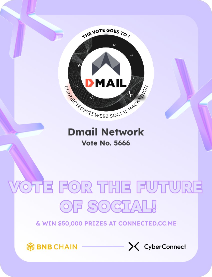 wermnok's tweet photo. Just voted for my favorite project Dmail Network in #Connected2023, a Web3 Social hackathon by @CyberConnectHQ the social graph protocol &amp; @BNBCHAIN
Join me to vote for a better social and win $50,000-$100,000 prizes!
https://t.co/cYhdhHbYUi
sig:jopEWC 
  https://t.co/nOXfIGrk4B https://t.co/WMFOPzk6Xy