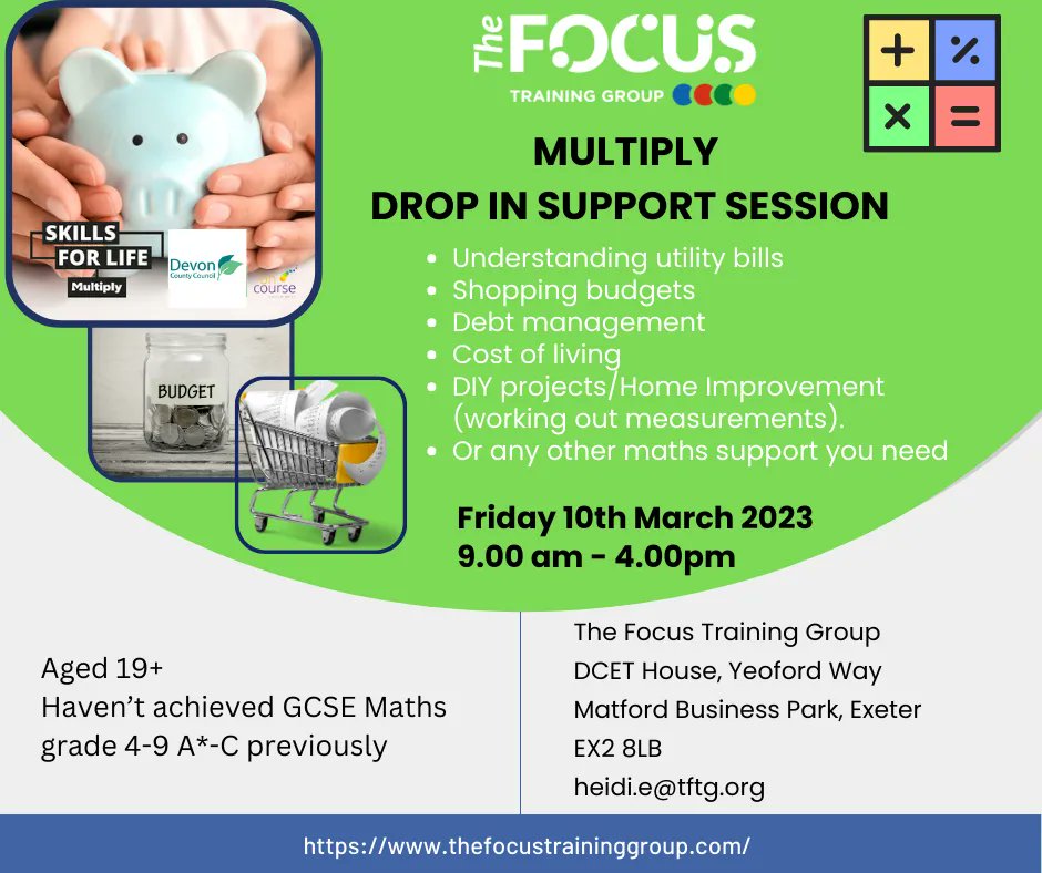 focustrainingsw's tweet photo. We are offering a free drop in support session to provide practical maths help,
taking place on the 10th March from 9.00am-4.00pm
Exeter, EX2 8LB
Contact heidi.e@tftg.org
https://t.co/XIYsOLCy95
#multiply #skillsforlife #devonCC #fundedcourse #freesupport #mathshelp #Exeter https://t.co/M2Hzj8Vvfg