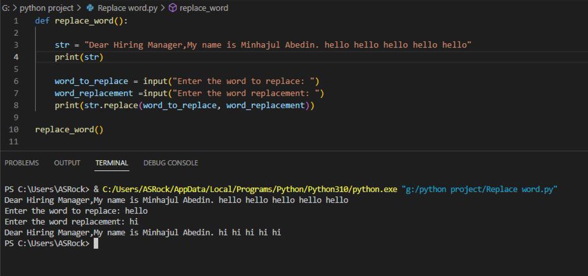 minhajul1a's tweet image. Word replacement using python programming language.

#pythonprojects #python #pythonproject #pythoncodesnippets #pythonquiz #pythonprogramming #python3 #django #python #java #javascript30 #javascript #webdesign #webdevelopment #webdesigner #web #web3 #100daysofcode #webdev
