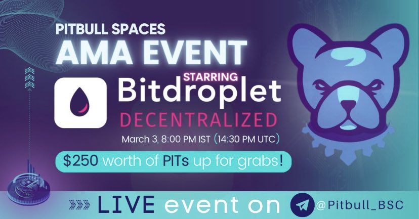 BscPitbull's tweet photo. Pitbull and Bitdroplet are joining forces again!

📢 Want to learn more about @bitdroplet? Join our official TG and follow our next AMA with them - $250 worth of PITs up for grabs;

➡️ https://t.co/EPLHZwZyhm

📆 March 3, 2:30 PM UTC

#PITOnChainDCA https://t.co/7etu53LkIy