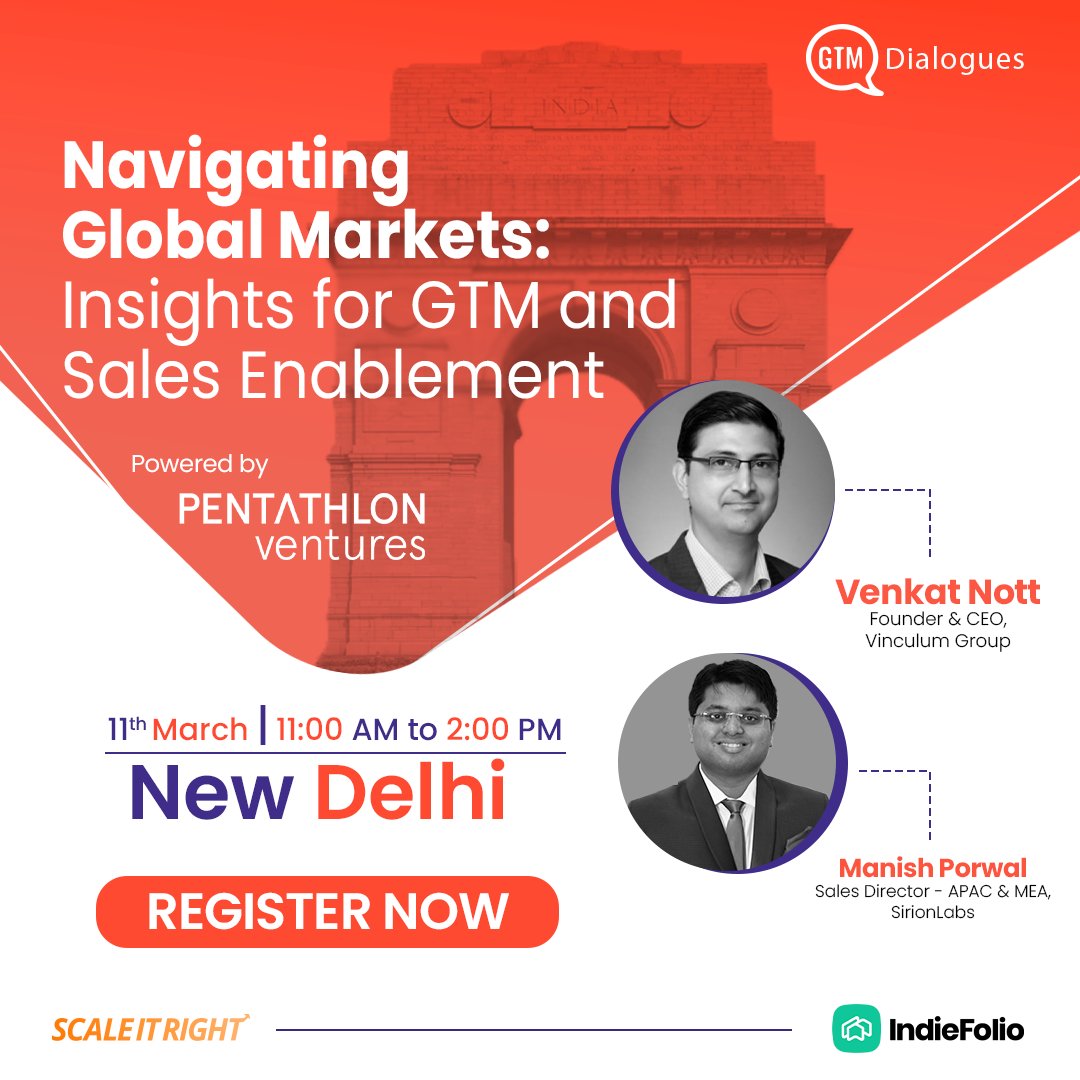 Join us on March 11th in New Delhi for @GTMDialogues  and learn from industry experts on navigating global markets! 

Speakers: @Venkatnott2 from @Vin_Omnichannel | Manish Porwal from @SirionLabs. 

Register now: lu.ma/GTMD_NCR_2303

#DNAofScale #GTMStrategy #ScalingGlobal