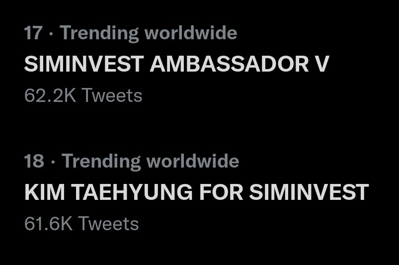 myonlyTAEger's tweet photo. OUR TAGS HAVE NOW ENTERED THE TOP 20 WORLDWIDE TRENDS!! PUSH HIGHER!!

SIMINVEST AMBASSADOR V
KIM TAEHYUNG FOR SIMINVEST
#TaehyungxSimInvest https://t.co/H5IfOqQfjq