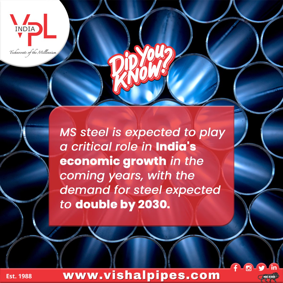 Did you know that India is one of the leading producers and consumers of MS steel in the world? 
Are you interested in learning more about MS steel in India? Contact us today to find out how we can help you meet your steel needs. #MSsteel #India #SteelFacts #Vishalpipes