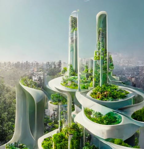 Manas Bhatia’s 'AI x future cities' series depicts sustainable architecture in a utopian city with biophilic algae-clad skyscrapers!

Like and RT if #Solarpunk excites you just as much!

#Climatechange #Sustainability #Futureofcities #followbackclimate