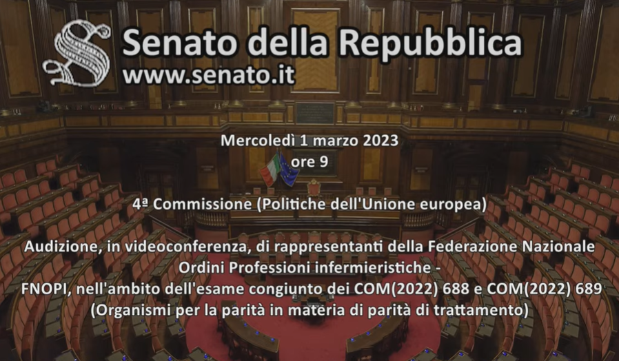FNInfermieri's tweet image. Alle ore 9 audizione in Senato, in videoconferenza, della presidente della #FNOPI, nell'ambito dell'esame congiunto dei COM(2022) 688 e COM(2022) 689 (Organismi per la parità in materia di parità di trattamento). Diretta su #SenatoTV all'indirizzo: youtube.com/live/KQPgwlDN-…