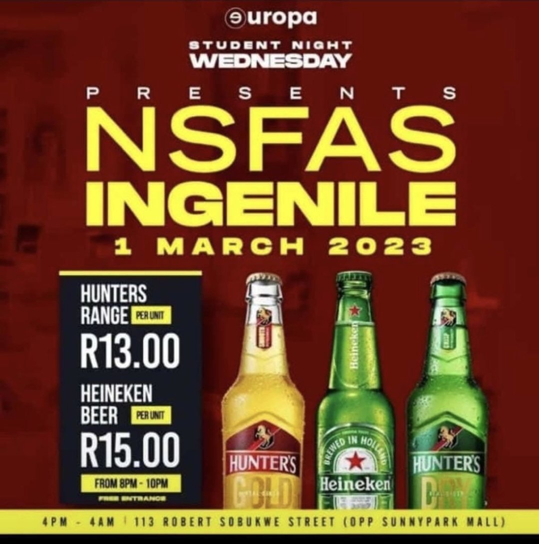 Do these liquor traders want students to spend NSFAS funds on alcohol? Don't they realize that students need clear heads to study on week nights &amp; should be using such funds to buy books/food/etc? NSFAS $ comes from tax contributions. Questionable alcohol marketing? @TreasuryRSA
