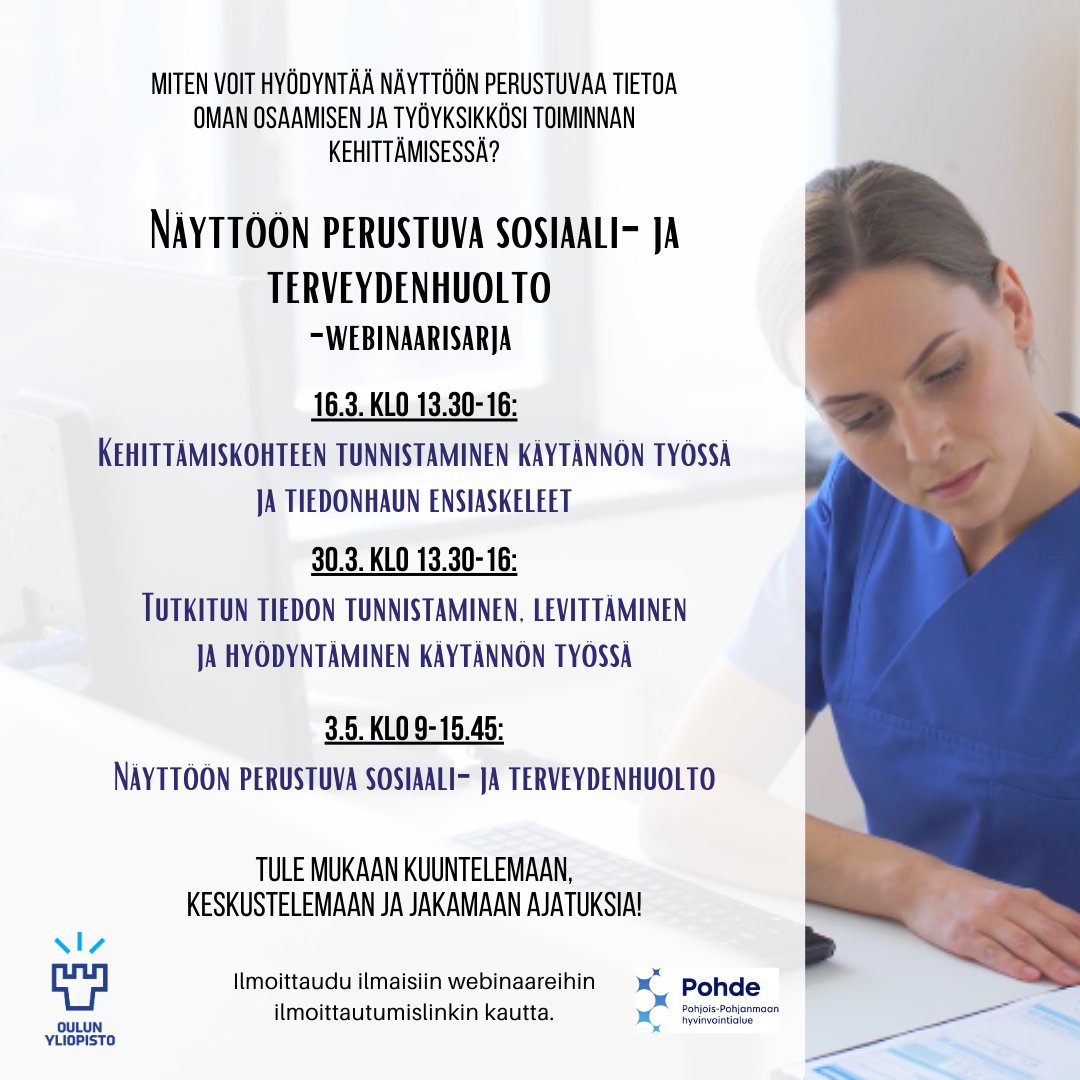 Ilmoittaudu <a href="/UniOulu/">University of Oulu</a> ja <a href="/Pohde_fi/">Pohjois-Pohjanmaan hyvinvointialue</a> yhteistyössä kehittämään "Näyttöön perustuva sosiaali- ja terveydenhuolto"-webinaarisarjan kahteen ensimmäiseen osaan, joissa käsitellään monipuolisesti teemoja aiheen ympäriltä. 💯

link.webropol.com/s/webinaarisar…

#NPTH #hoitotiede #terveystiede #SOTE