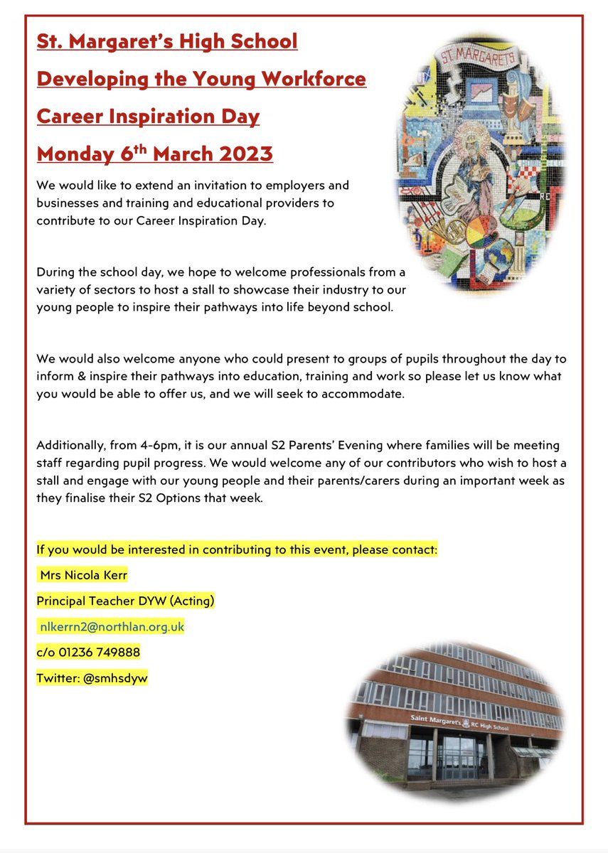 We are still looking for contributors for our Career Inspiration Day on Mon 6/3. If you are an employer, business or training/education provider & would like to help, please see the flyer for contact details. Please retweet if you have followers who could help  @DYWLED @DYWScot