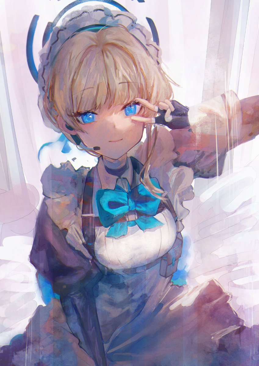 1girl blonde hair blue eyes solo halo bow apron  illustration images