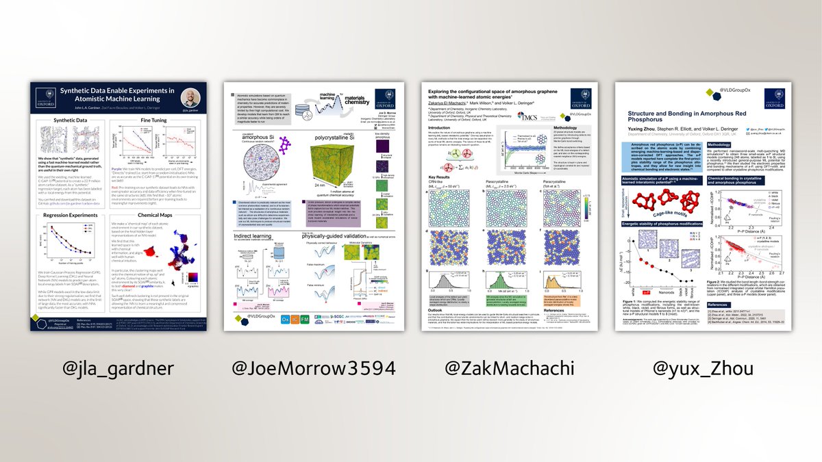 Here's our <a href="/VLDGroupOx/">Deringer Group Oxford</a> #RSCPoster contributions - please do visit &amp; follow! 🙂

➡️ John (<a href="/jla_gardner/">John Gardner</a>) on synthetic data for atomistic ML
➡️ Joe (<a href="/JoeMorrow3594/">Joe Morrow</a>) on teacher-student ML potentials
➡️ Zak (<a href="/ZakMachachi/">Zakariya El-Machachi</a>) on amorphous graphene
➡️ Yuxing (<a href="/yux_Zhou/">Yuxing Zhou</a>) on red phosphorus