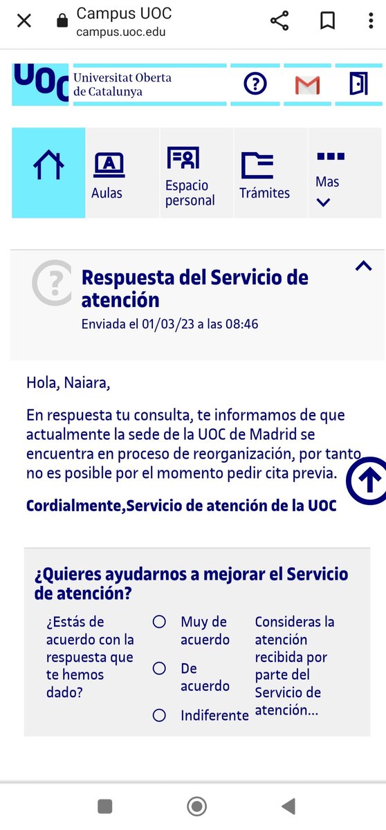 Naiaragp's tweet photo. @UOCrespon Esta es la respuesta del Servicio de atención. Entiendo que puedo ir a recogerlo sin cita previa. Necesito recogerlo a la mayor brevedad. ¿Pueden confirmarme el horario, por favor? https://t.co/LY07e9dSRE