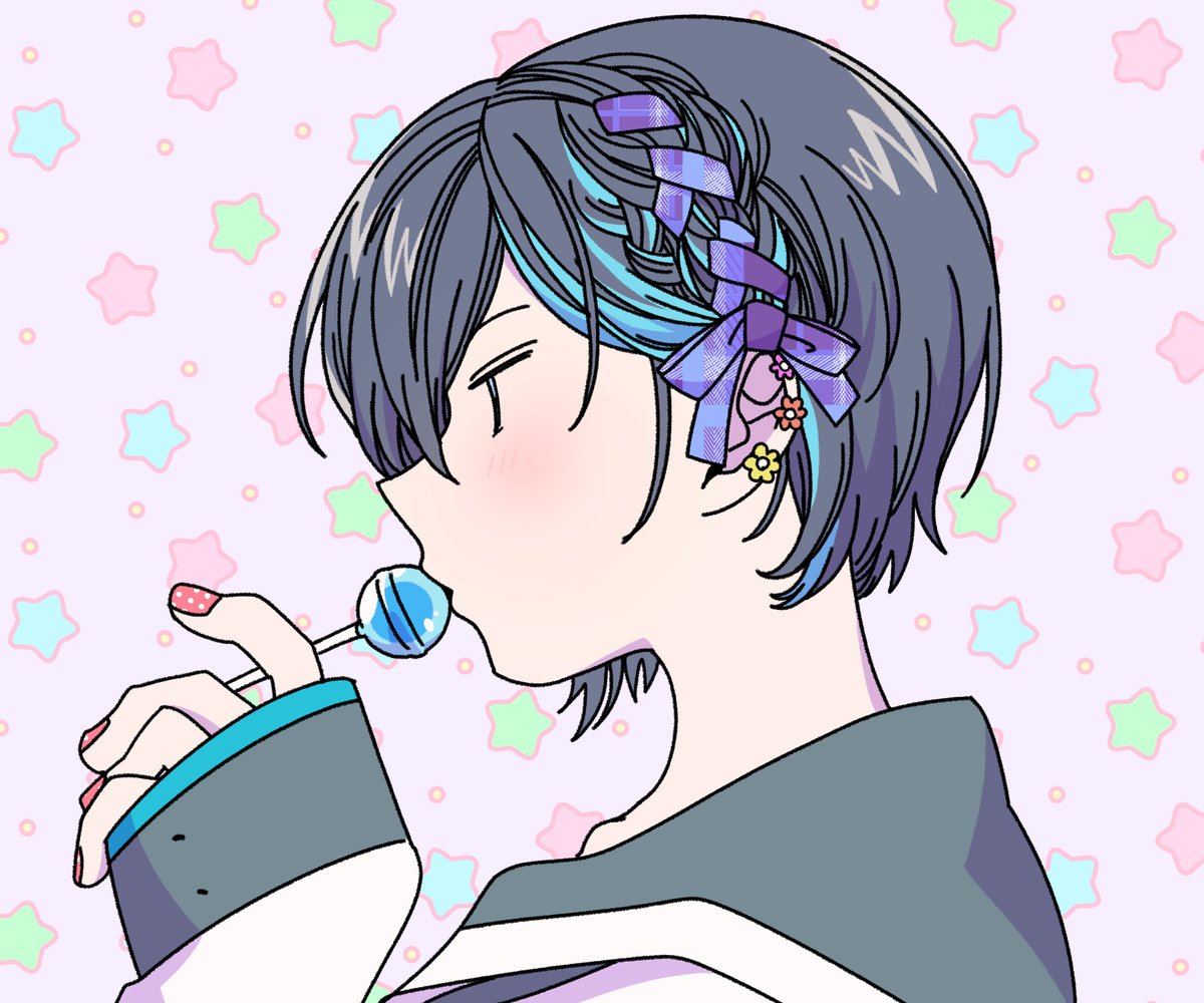 1girl candy food lollipop solo short hair blue hair  illustration images