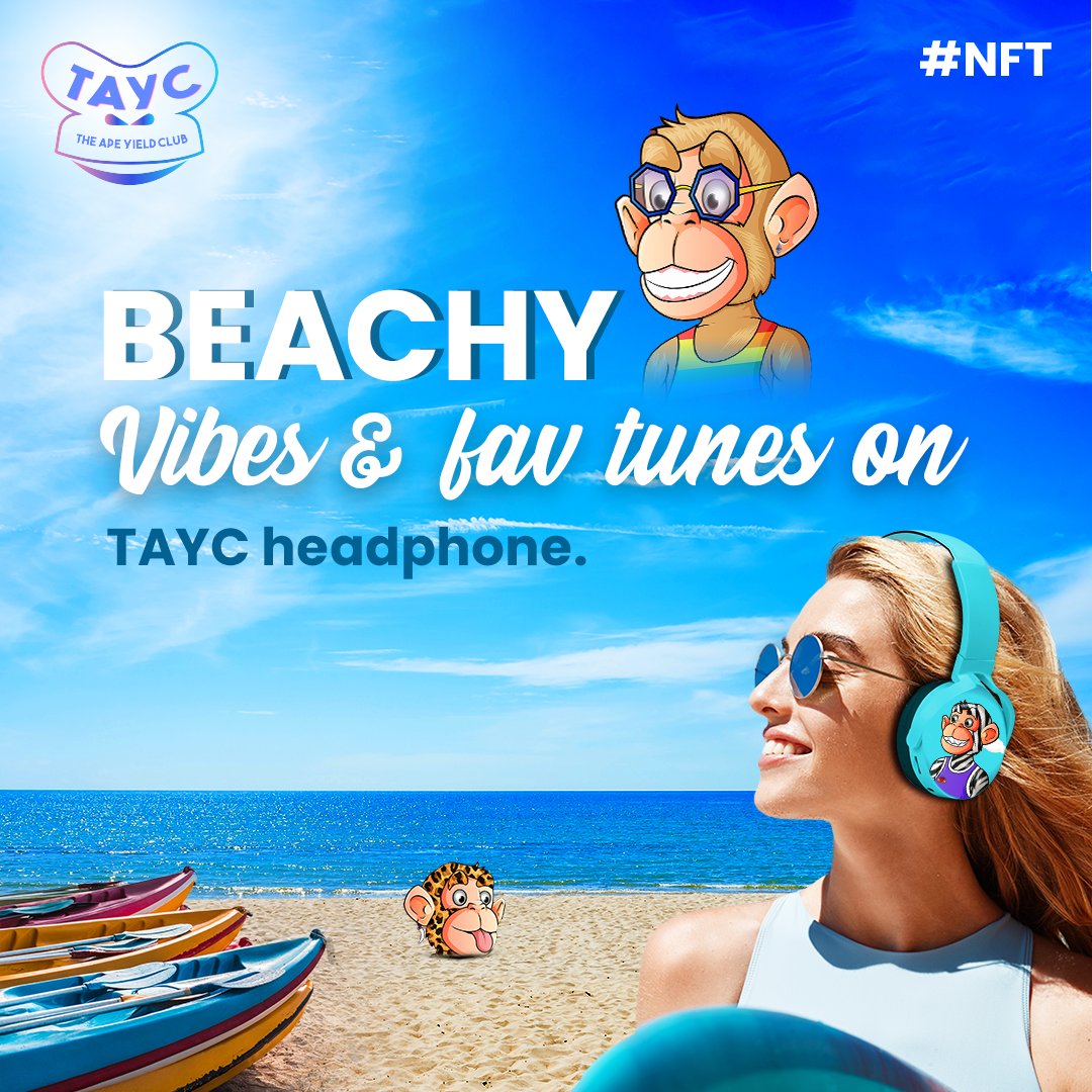 theapeyieldclub's tweet photo. "With Qaldam's on sandy shores so bright,
The NFTs gleam with neon light,
With TAYC Headphones on, the music sways,
Chilling on the beach, perfect days."
#tayc #Qaldams #NFTCommunity #NFTFam #NFTcollection #merchandise https://t.co/IricoahDCI