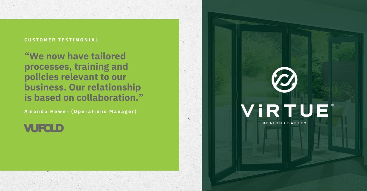 Virtue_HS's tweet photo. We're thrilled to receive such a positive testimonial from Vufold! Their commitment to implementing a positive health and safety culture has been an inspiration to us.
#healthandsafety #partnership #clienttestimonial #positiveculture #bifolds #windowanddoors #manufacturing https://t.co/4q3LDPYf90