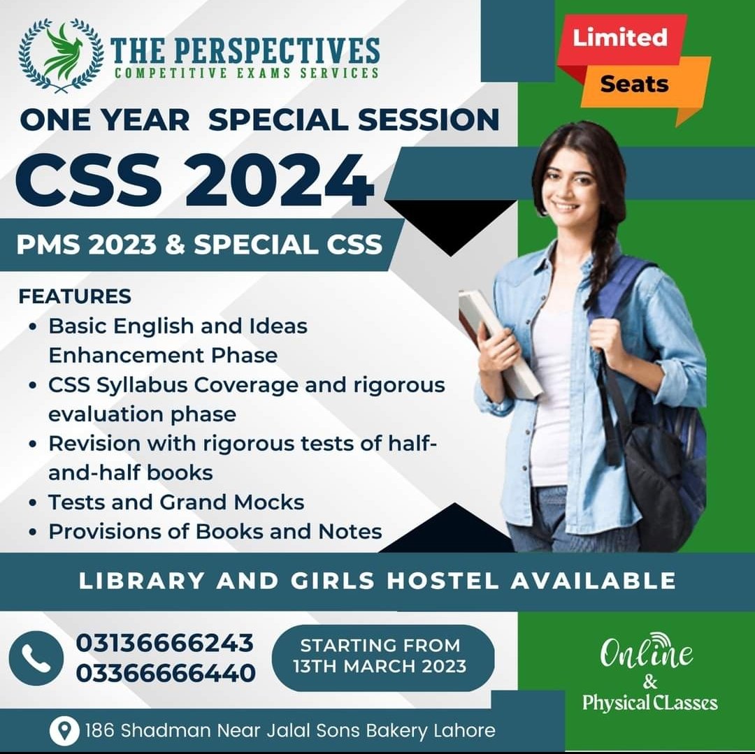 SamraizHafeez's tweet photo. The perspectives Competitive Exams services offers one year Special session for CSS 2024.
Contact us for details
#css2024 #CSS #css2023 #pms #officers #topcssacademy https://t.co/WweHcD7YFo