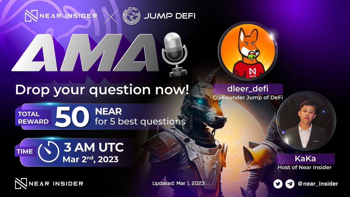 ✨ #AMA NEAR INSIDER x JUMP DEFI✨

⏰ Mar 2nd, 3:00 AM UTC
🎁 50 $NEAR for 5 best questions

👉 To join:
- Like, RT, Follow <a href="/near_insider/">Near Insider</a> &amp; @jumpdefi
- Drop your question below
- Twitter Space: x.com/i/spaces/1vOxw…