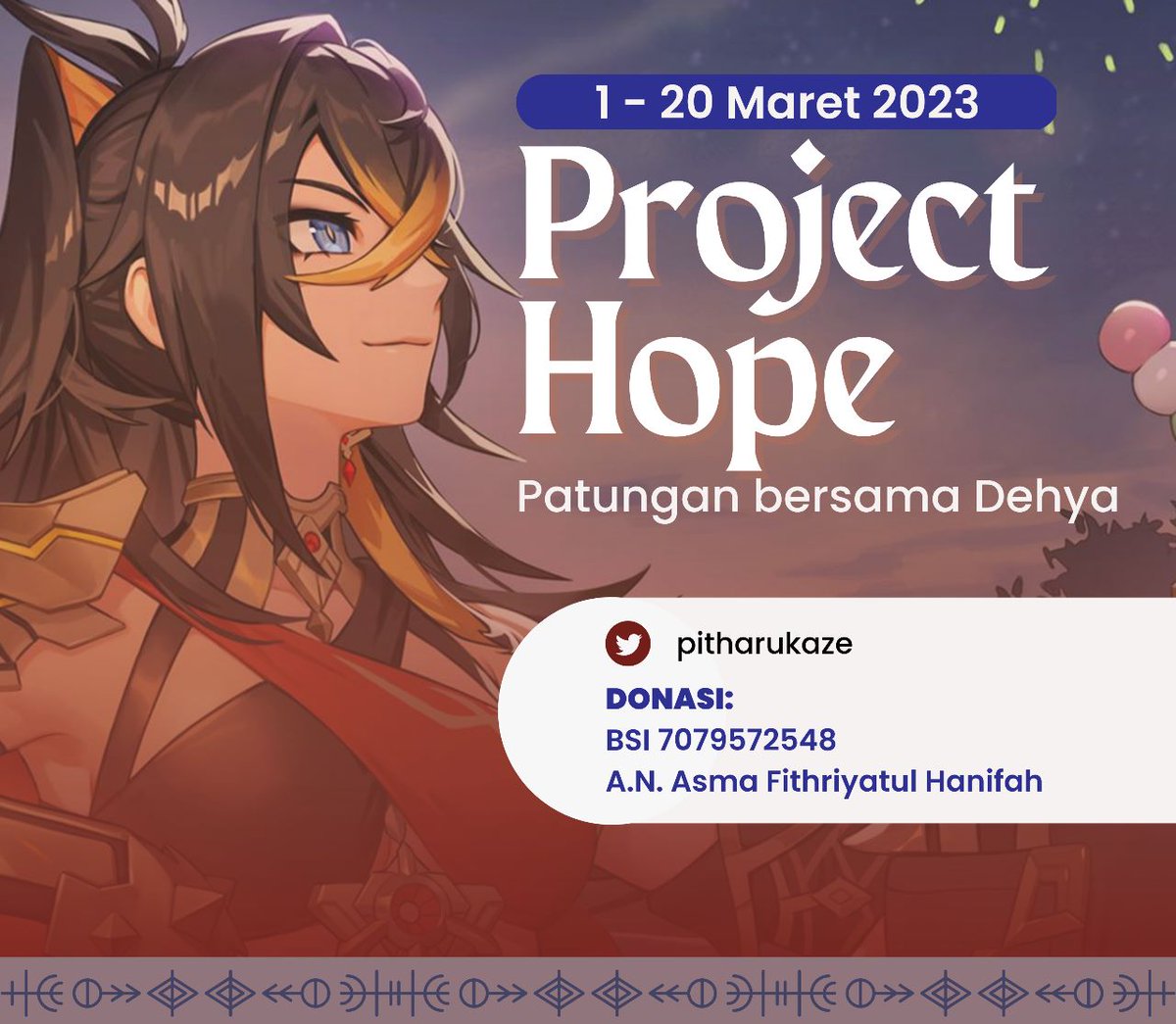 pitharukaze's tweet photo. Hai teman2 Genshin Impact Player Indonesia!
Aku &amp; temanku @YulidaE179 menginisiasi sebuah project dlm rangka menyambut rilis karakter Dehya. Project ini merupakan duplikasi project yg diinisiasi CN players yaitu project donasi yg akan disalurkan pd pendidikan &amp; kesejahteraan anak https://t.co/hB5f6sChiw