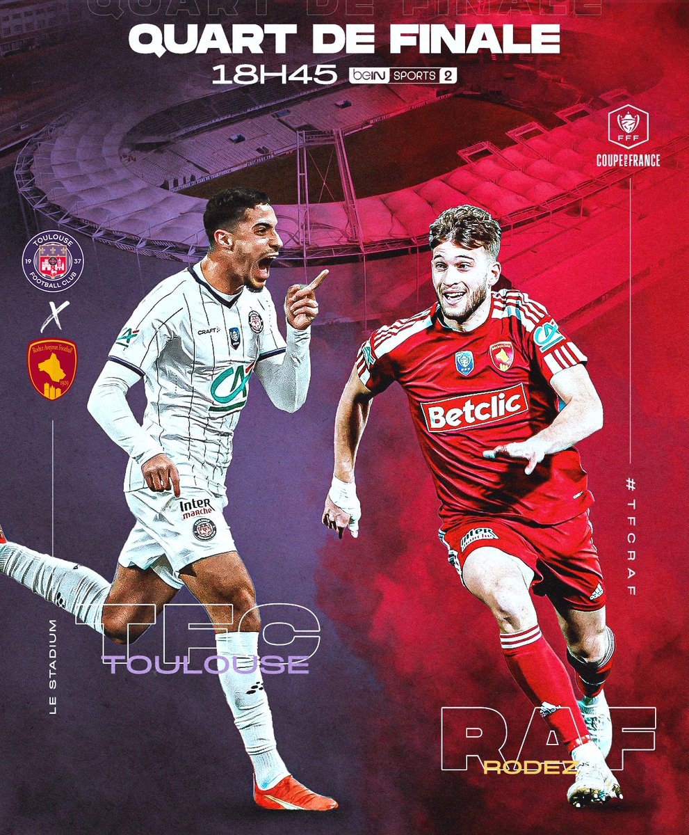 coupedefranceCA's tweet photo. Derby occitan entre le @ToulouseFC et le @OfficielRAF, pour une place en 𝗱𝗲𝗺𝗶-𝗳𝗶𝗻𝗮𝗹𝗲 🏆

RDV à 18h45 sur beIN SPORTS 2 📺

#TFCRAF | #CoupeDeFrance https://t.co/zh2TxRlrFr