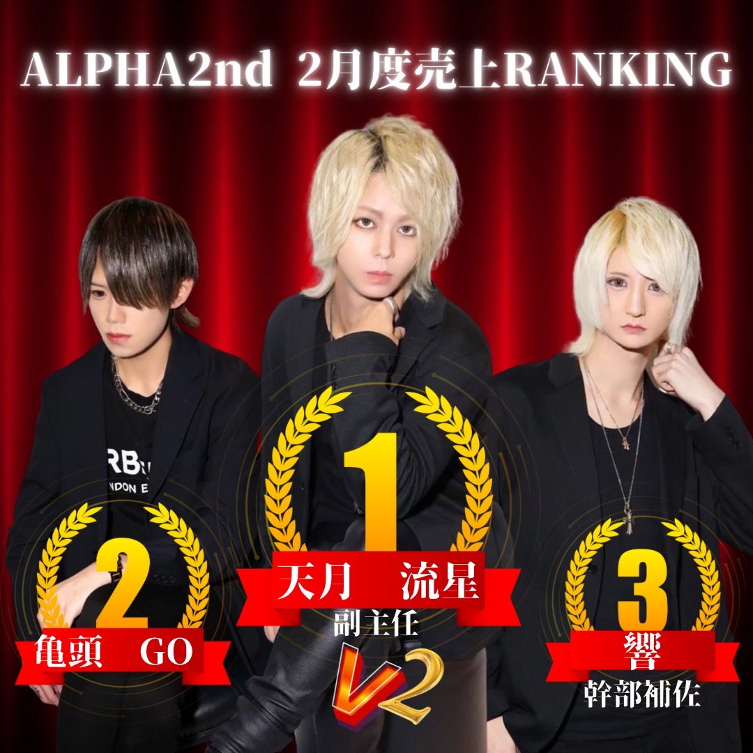 since2021alpha's tweet photo. 2/28
2月度もご来店ありがとうございました🙇

✨2月度RANKING「売上」✨

👑No.1「天月流星」副主任👑

No.2「亀頭GO」
No.3「ひびき」幹部補佐

#恋するパラダイス
#ALPHA中毒 #ALPHANIGHT
#金沢ホスト #金沢 #片町
#札幌ホスト #札幌 #すすきの
#歌舞伎町 #ミナミ
#alpha #O2 #O2Plus #DNA
#スラム https://t.co/rV95msUIBi
