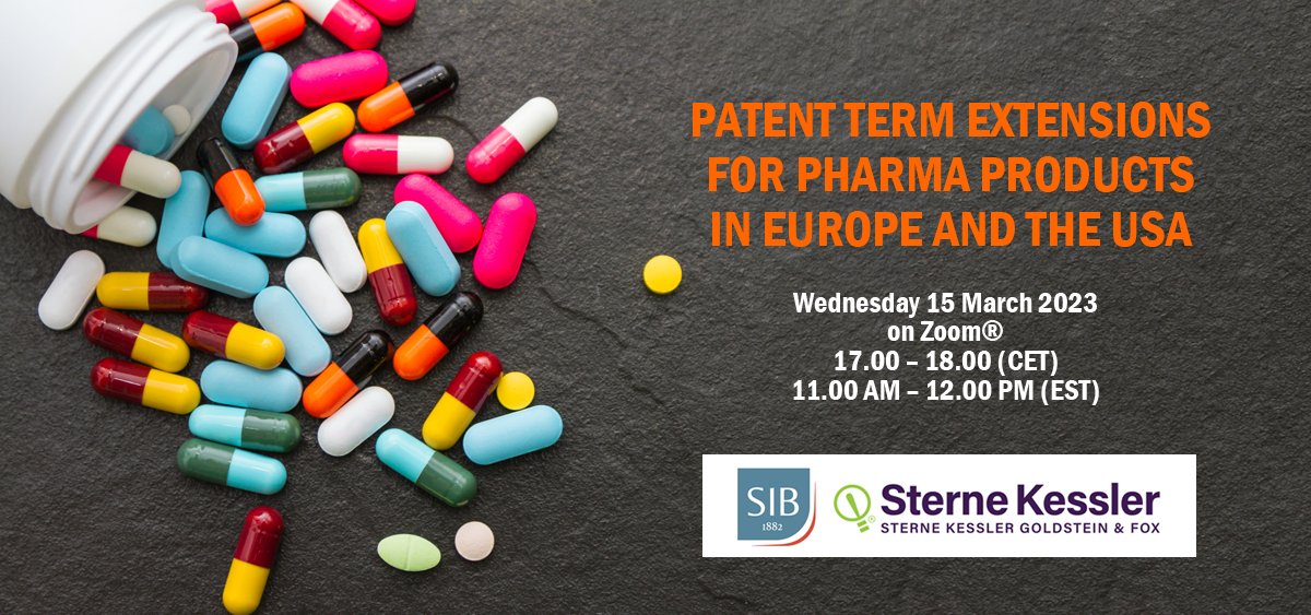 Interested in #Patent term extension for #pharma products?
Sign up for the webinar on Patent term extension in Europe and the USA of 15 March 2023.
Speakers Claudio Germinario of SIB and Paul Calvo of 
<a href="/SterneKessler/">Sterne Kessler</a>
bit.ly/3Zn7Sxx #patentextension #IP #EuropeanPatent