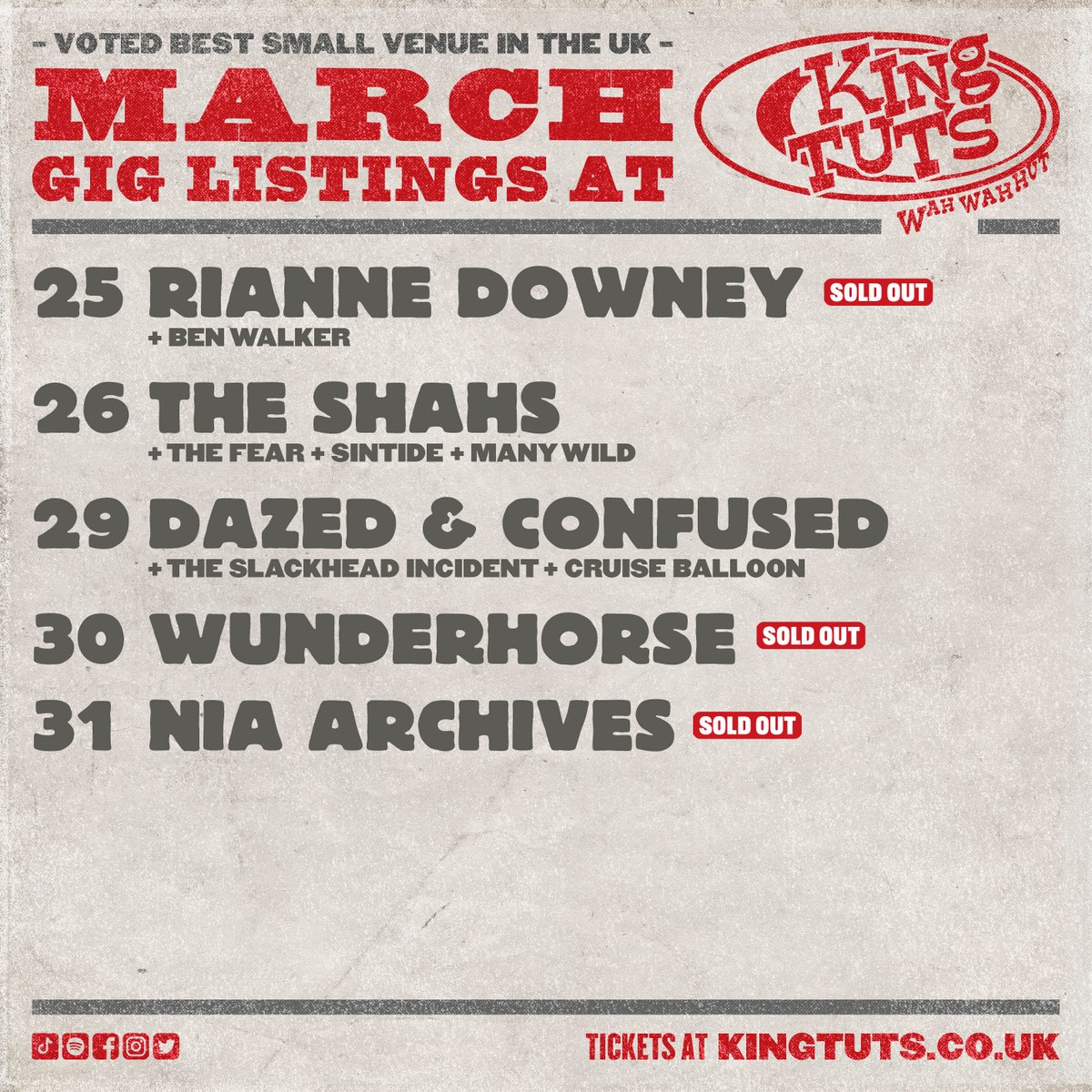 MARCH LISTINGS ⇾ Check out our fantastic range of gigs we have lined up this month at King Tut's! 🎸🎵 

MORE INFO → ktwwh.co/whats-on