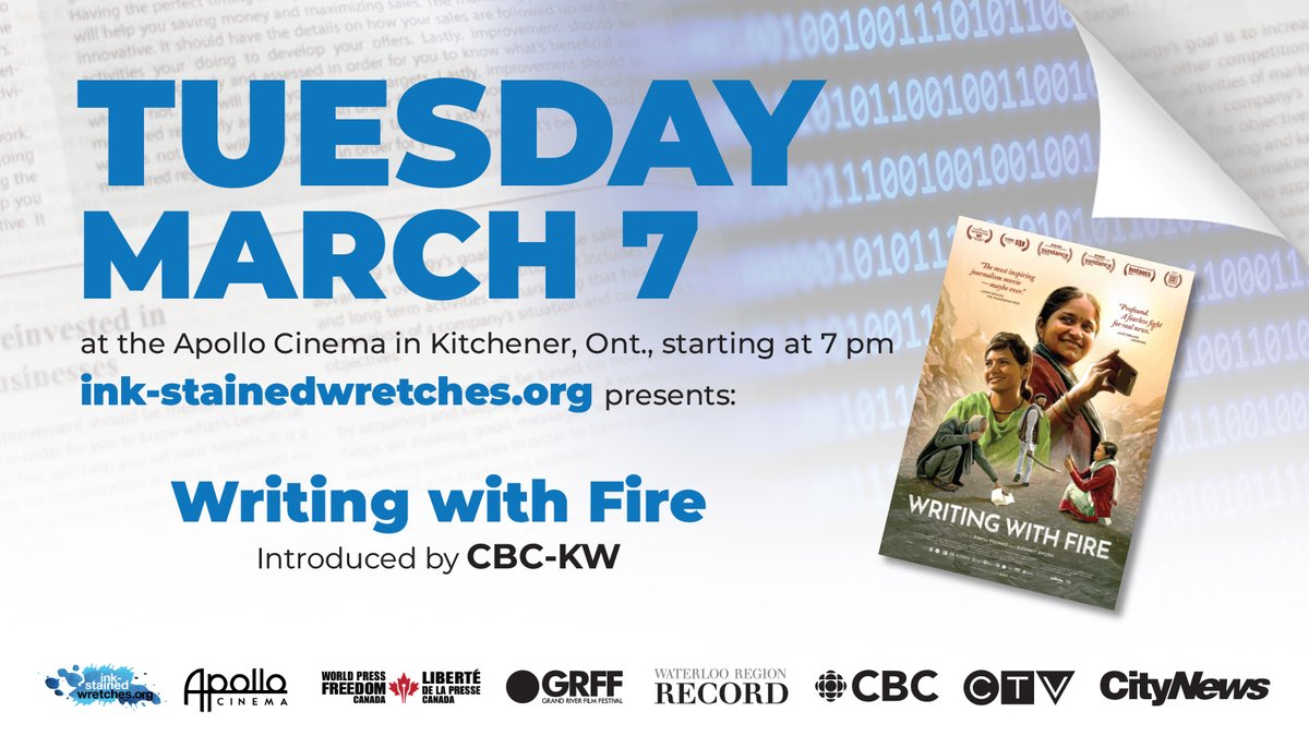 TUES. March 7! journalismfilmfestival.com

Join us <a href="/theApolloCinema/">Apollo Cinema</a> on the eve of #InternationalWomensDay for a doc about Dalit women journalists in India. Introduced by <a href="/CBCKW891/">CBC KW</a> 

<a href="/PaviaJoe1964/">Joe Pavia</a> <a href="/CTVKitchener/">CTV Kitchener</a> <a href="/JoelRubinoff/">Joel Rubinoff</a> <a href="/farwell_WR/">Mike Farwell</a>  <a href="/ChuckHowitt/">Chuck Howitt</a> <a href="/BooksWordsWorth/">Words Worth Books</a> <a href="/SherrylP29/">Sherryl Petricevic</a> <a href="/caj/">Canadian Association of Journalists</a>