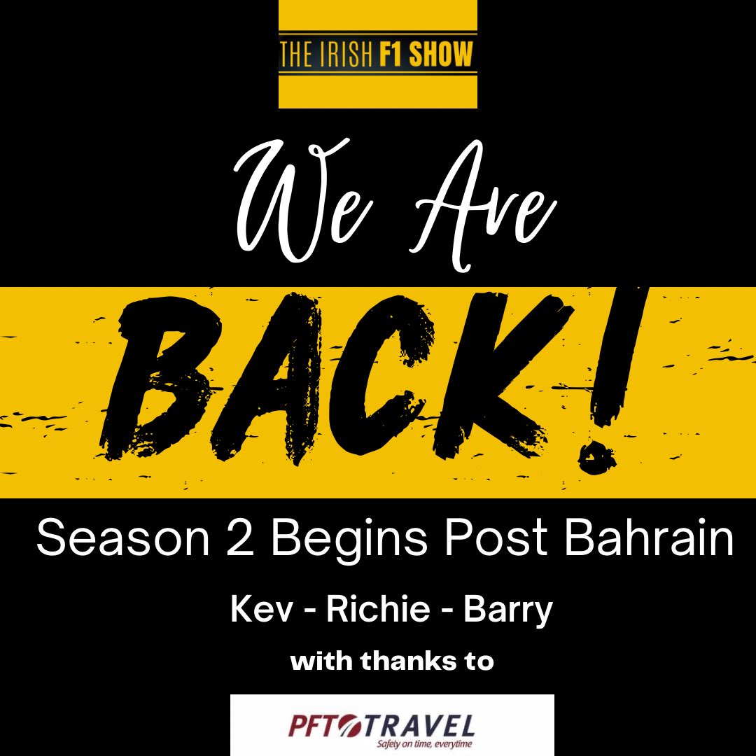 📢 We are back!

With the support of PFT Travel &amp; after a very successful first season we dive into Season 2 with Kev, Richie &amp; Barry!

We also have very special guests this year!

Be sure to subscribe &amp; follow us on YouTube, Spotify, Apple &amp; Socials here: linktr.ee/irishf1show