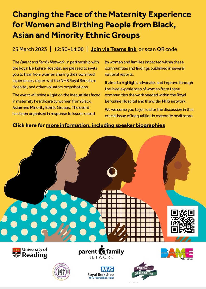 Alice Mpofu-Coles (Dr) #withrefugees🧡 (@drampofucoles) on Twitter photo WOMEN'S MONTH MARCH - join us <a href="/UniofReading/">Uni of Reading</a> Changing the Face of the Maternity Experience for Women and Birthing People from BAME groups. Panel includes women with lived experience, NHS, <a href="/RBNHSFT/">Royal Berkshire NHS Foundation Trust</a> & voluntary organisation <a href="/UtulivuRdg/">Utulivu Women's Group</a>
23 March 2023 12:30–14:00 | Join online
#women WOMEN'S MONTH MARCH - join us <a href="/UniofReading/">Uni of Reading</a> Changing the Face of the Maternity Experience for Women and Birthing People from BAME groups. Panel includes women with lived experience, NHS, <a href="/RBNHSFT/">Royal Berkshire NHS Foundation Trust</a> & voluntary organisation <a href="/UtulivuRdg/">Utulivu Women's Group</a>
23 March 2023 12:30–14:00 | Join online
#women