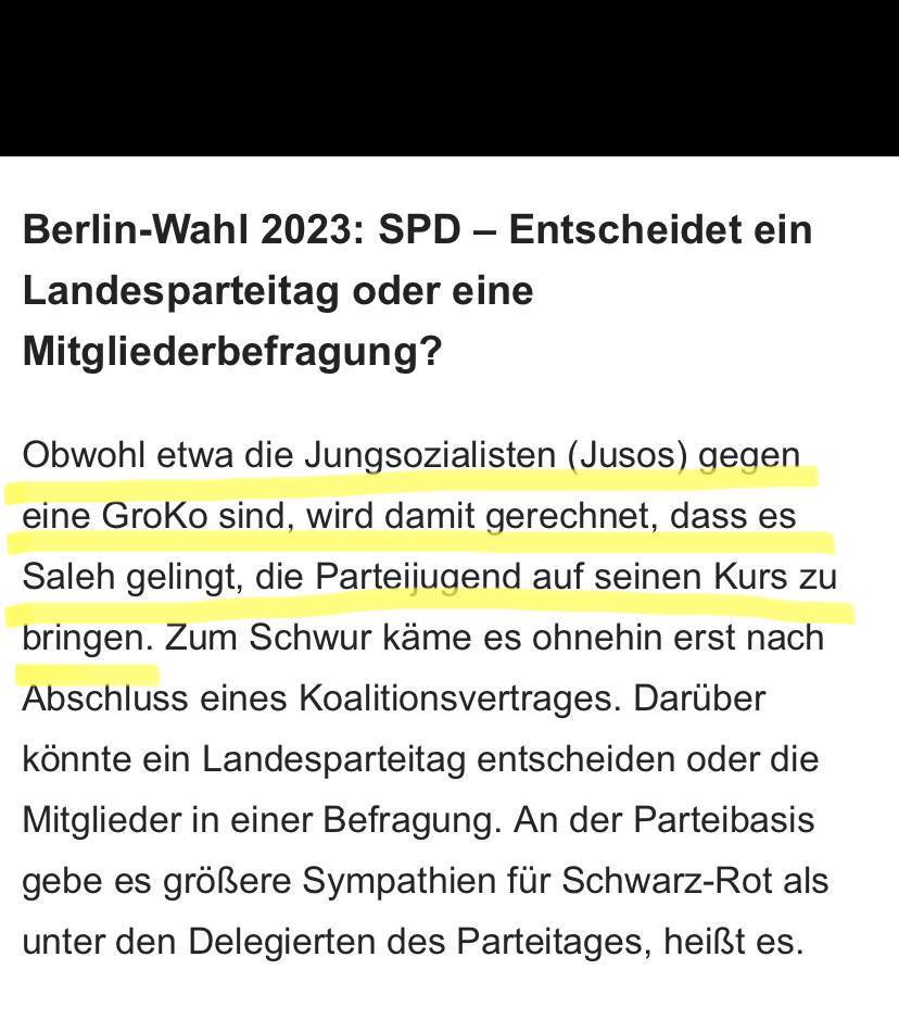 Wer sowas schreibt, kennt mich nicht und kennt die @JusosBerlin nicht. Zum Mitschreiben: NIEMALS wird uns irgendwer oder irgendwas dazu bringen, eine Koalition mit der CDU zu unterstützen oder sie ohne Gegenwehr zu akzeptieren.
<a href="/morgenpost/">Berliner Morgenpost</a>