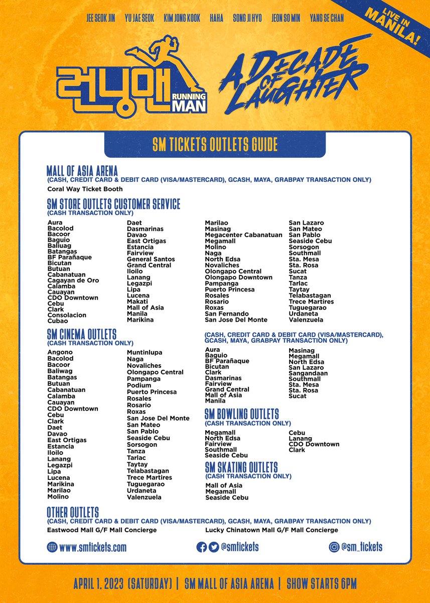 Here’s a treat for all RUNNING MAN fans! We’ve prepared the ticketing guides you’ll need for this Sunday’s #RUNNINGMANinManila ticketing day. Read through them and make sure you follow the steps so we can all have a crazy fun night!

Ticketing Concerns
SM Tickets Outlets Guide