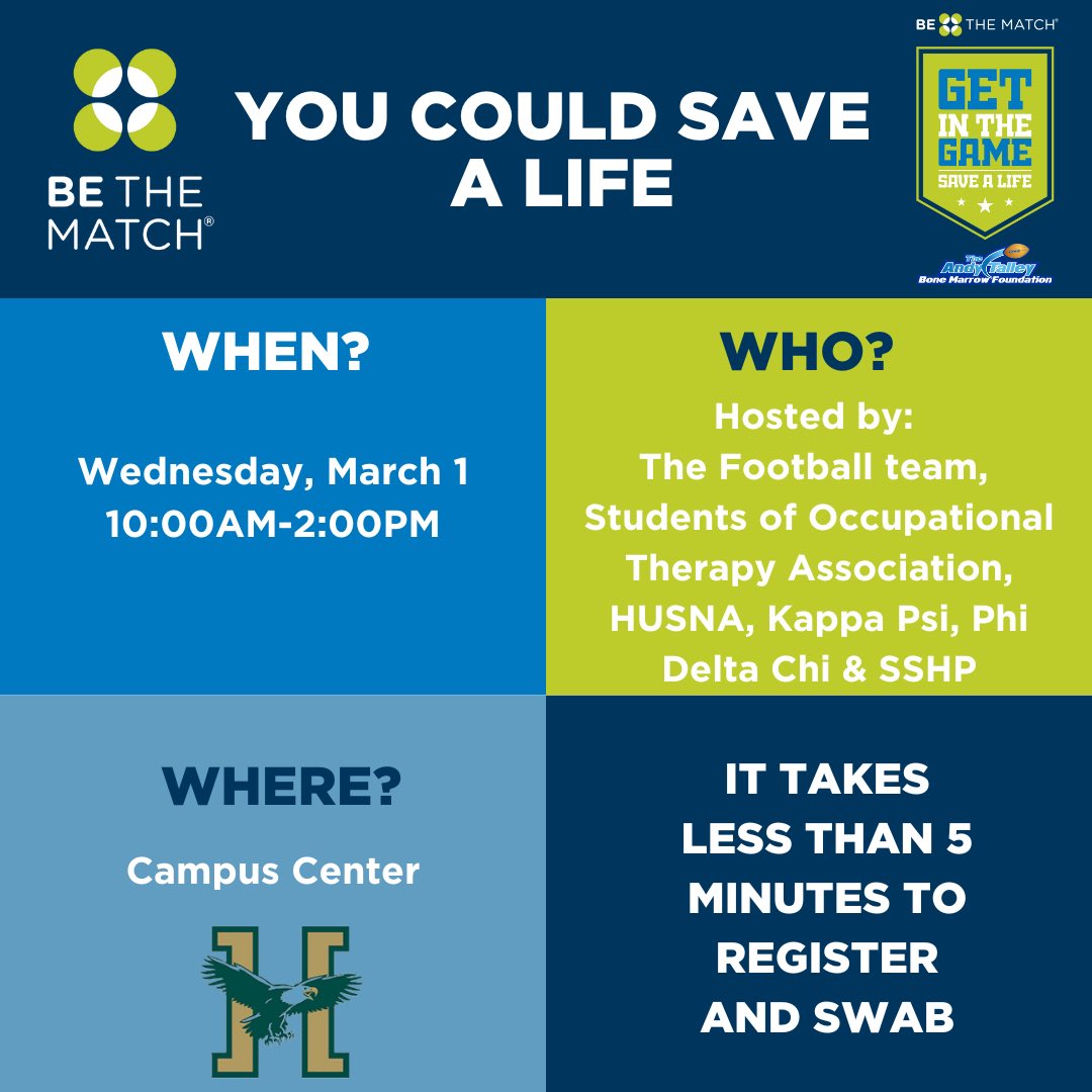 Come down to the CC today between 10 and 2 to see if you can save a life with #BeTheMatch! #GetInTheGame