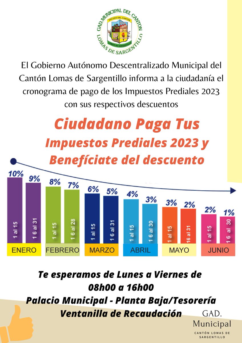 #Infórmate 
#tesoreríamunicipal
#PagoDePrediales2023 
𝑷𝒓𝒊𝒎𝒆𝒓𝒂 𝑸𝒖𝒊𝒏𝒄𝒆𝒏𝒂 𝒅𝒆 𝑴𝒂𝒓𝒛𝒐
Benefíciate del Descuento del 6%
DEL 01 AL 15 DE MARZO DE 2023
Te esperamos en el Palacio Municipal - Ventanilla de Recaudación de 08h00 a 16h00 de Lunes a Viernes
