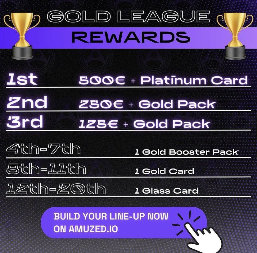 Are you ready for THE GOLD LEAGUE? Here are the rewards for game week 1! #AMUZED #NFTgame #MusicNFTs