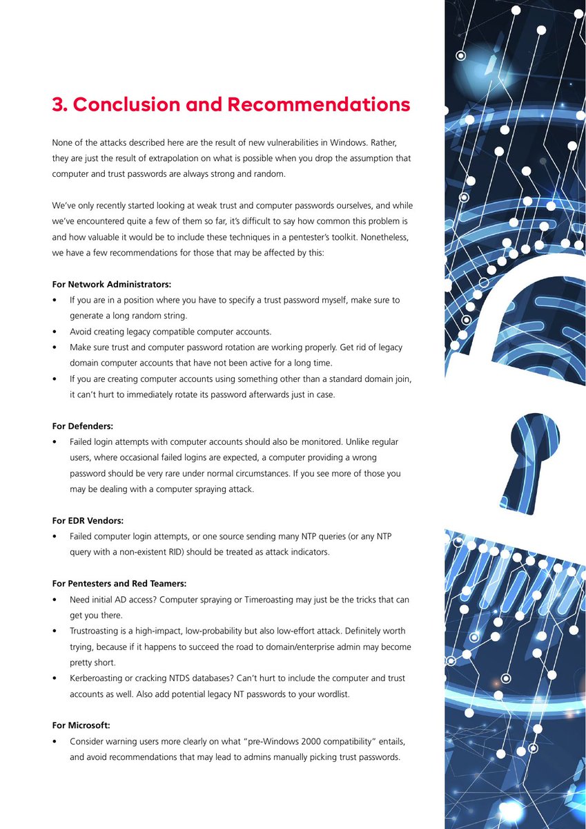 New work by Tom Tervoort at <a href="/SecuraBV/">Secura</a>:

"Timeroasting, Trustroasting and Computer Spraying": new attack techniques to leverage weak computer &amp; trust passwords in Active Directory.

Report (1.5MB .pdf, 12 pages): secura.com/uploads/whitep…

Tools: github.com/SecuraBV/Timer…