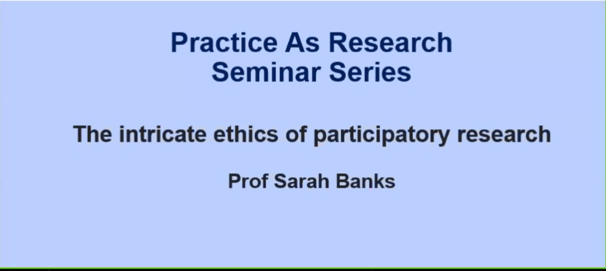 The ethics of participatory research is being discussed in this seminar - always an interesting topic! Especially how to manage this in university settings.  Thankfully #LeedsBeckett has Local Research Ethics Coordinators with expertise in this area #PracticeAsResearch