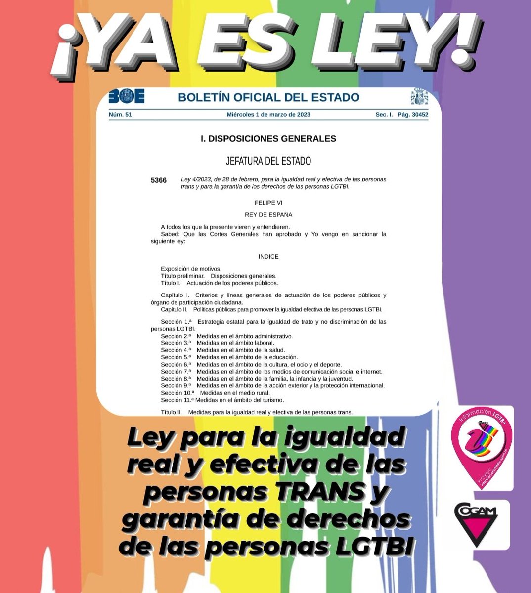 InfoCOGAM's tweet image. 🏳️‍🌈🏳️‍⚧️¡¡YA ES LEY!!🏳️‍⚧️🏳️‍🌈

Hoy ha sido publicada en el BOE la Ley para la Igualdad real y efectiva de las personas TRANS y para la garantía de los derechos LGTBI.

¡Ni un paso atrás!
A seguir trabajando para incluir a quienes se han quedado fuera. Siempre unides.

#lgtbi #leytrans