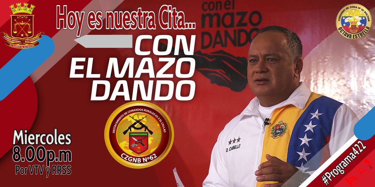 JSaavedraGNB's tweet photo. #1Mar🗓️#CmdtJesusSaavedra🇻🇪Hoy no puedes faltar a nuestra cita con la televisión Venezolana, a las 8.oopm por VTV y todas las plataformas digitales el #Programa422 🆗
#ConElMazoDando📺
#PuebloUnidoInvencible
#CentinelasGNBPorLaPatria
@PrensaFANB
@GNBCmdtGral
@vladimirpadrino https://t.co/smPFQXGdzY
