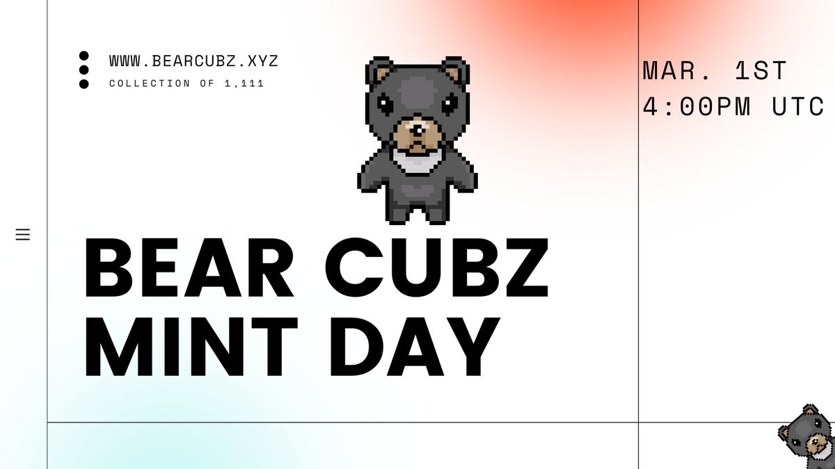 BearCubzNFT's tweet photo. Only 2.5 hours until the minting of Bear Cubz NFT! Own one of these adorable digital bears for 0.1 ETH and join the hype! Limited to 1,111 bears with staking benefits. Don't miss out on this rare and valuable addition to your collection! #BearCubzNFT #NFT #cryptoart #minting #ETH https://t.co/5zzix5Tt3v