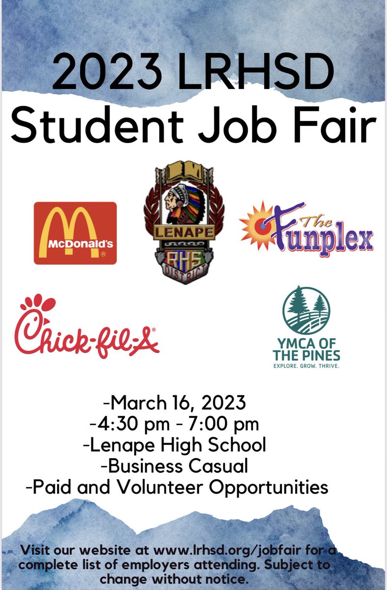 Come out to the LRHSD Student Job Fair on March 16th from 4:30pm - 7pm at Lenape High School. There will be lots of paid and volunteer opportunities.  Please dress business casual. See you there!  #lrhsd #shawneefamily <a href="/SenecaFamily/">Seneca High School</a> <a href="/Cherokee_HS/">Always_a_Chief</a> <a href="/LenapePride/">Lenape</a>