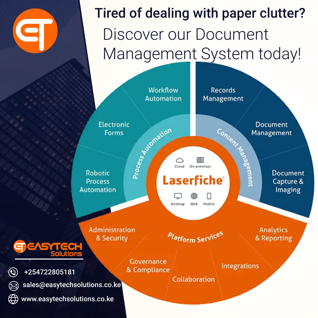 Revolutionize Your Document Management: Discover Our System Today!' 
Contact us today to learn more about how our system can benefit your business! #documentmanagementsystem #digitizeyourdocuments #paperless #EDMS #ECM

easytechsolutions.co.ke/Products/docum…