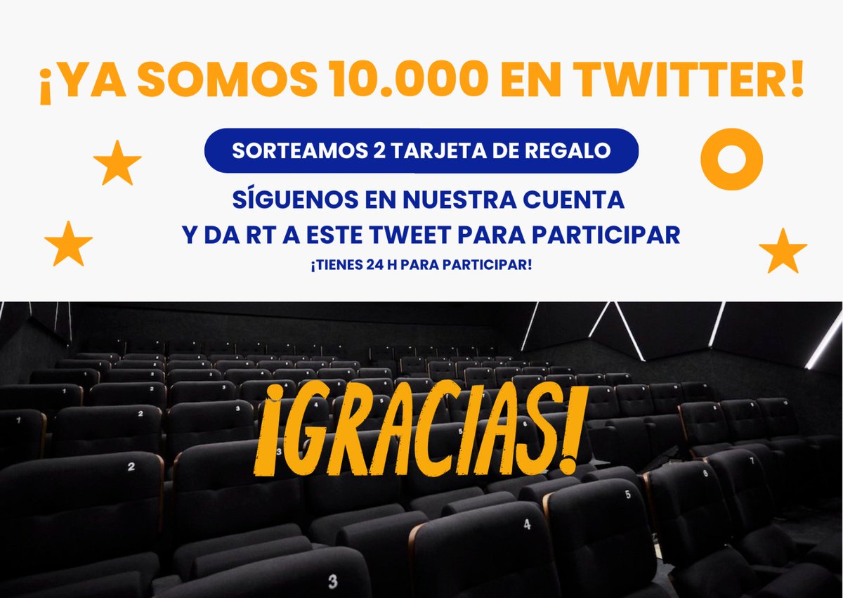 CineEmbajadores's tweet photo. Ya somos más de 10.000 amigos y amigas en Twitter. 
Gracias por la confianza y por confiar en nosotros. 
Sorteamos entre nuestros seguidores tarjetas regalos. Solo tienes que:
1️⃣ Ser seguidor de nuestra cuenta
2️⃣ Hacer RT a este tweet https://t.co/UVUTF1CQwC