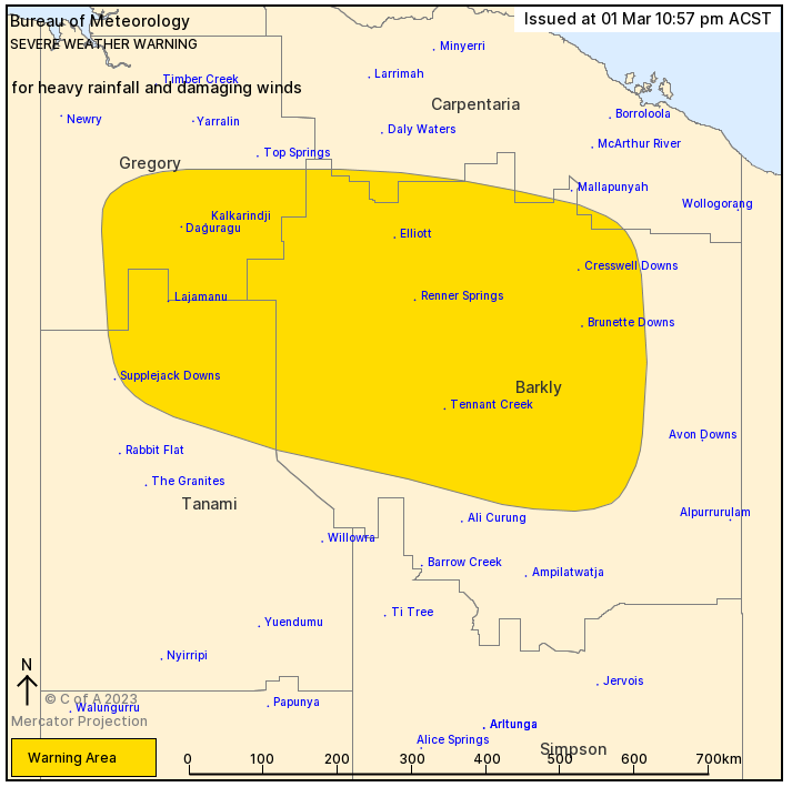 ⚠️ Severe Weather Warning has been updated for central parts of the #NorthernTerritory. Heavy rainfall expected to continue within the warning area and a risk of damaging wind gusts. Further details at: ow.ly/4Xu750N5Rxh