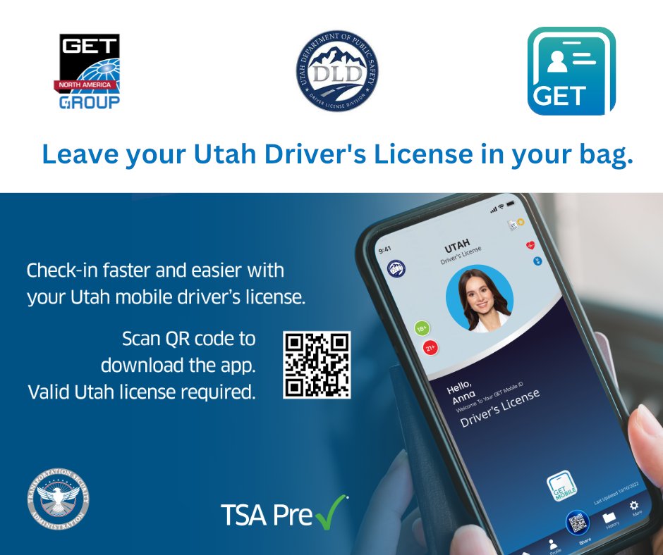 GET Group NA (@getgroupna) on Twitter photo TSA will now accept Utah mobile driver’s licenses (mDLs) on the GET Mobile ID app as a valid travel credential in TSA PreCheck lines at select airports around the country.
getgroupna.com/get-mobile-id-…
<a href="/utahdld/">Utah Driver License</a> <a href="/slcairport/">Salt Lake City Airport</a>
#GETmDL #mDL #GETmobile #MobileID #TSA #SLC #TheNewSLC TSA will now accept Utah mobile driver’s licenses (mDLs) on the GET Mobile ID app as a valid travel credential in TSA PreCheck lines at select airports around the country.
getgroupna.com/get-mobile-id-…
<a href="/utahdld/">Utah Driver License</a> <a href="/slcairport/">Salt Lake City Airport</a>
#GETmDL #mDL #GETmobile #MobileID #TSA #SLC #TheNewSLC