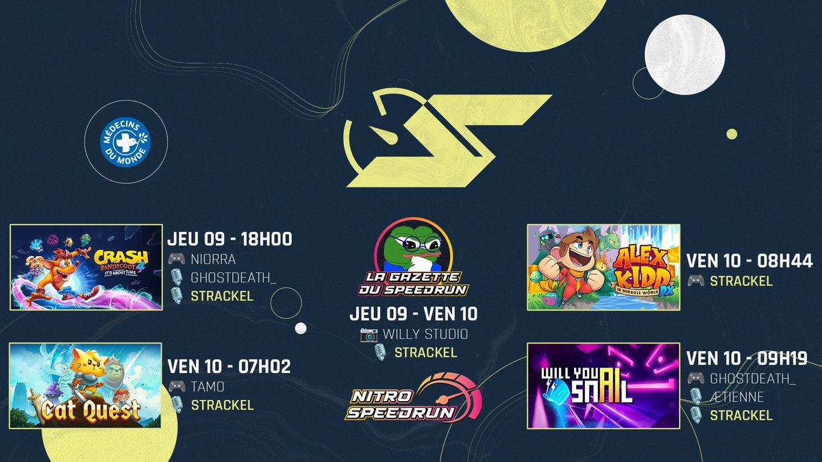 📢 Voici mon planning #SpeedDons 3 !

🎮 Runner
🗓️ Ven 10 - 08h44 : Alex Kidd in Miracle World DX

🎙️ Commentateur
🗓️ Jeu 09 - 18h00 : Crash Bandicoot 4
🗓️ Ven 10 - 07h02 : Cat Quest
🗓️ Ven 10 - 09h19 : Will you snail ?

📜 Presse
🗓️ Jeu 09 &amp; Ven 10 : La Gazette du Speedrun

1/3