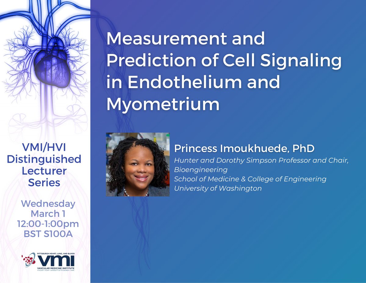 A reminder to join us at noon TODAY, 03.01.23, for the VMI/HVI Distinguished Lecturer Series Conference! Info: pi.tt/81 Today's talk: 'Measurement and Prediction of Cell Signaling in Endothelium and Myometrium' presented by Dr. Princess Imoukhuede. @dr_princess
