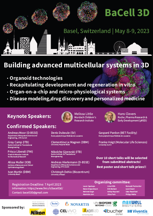 📢Sign up now! Registration is open until 7 April 2023 for the 2nd annual #BaCell3D meeting on 8–9 May 2023 in Basel🇨🇭! 
The meeting will focus on the latest developments in #organoid and #3D model research! For more information visit our website! fmi.ch/bacell3d/
