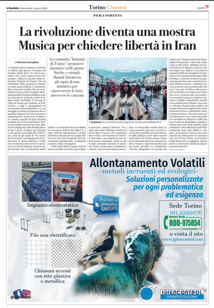 hamidziarati's tweet photo. A più tardi con
No Music, No Revolution
Grazie al @Corriere e al @repubblica per lo spazio che ci hanno dedicato!
Ingresso libero fino ad esaurimento dei posti disponibili.
@IranianiTorino
#mahsaamini
#مهسا_امینی
#offtopictorino #tuttoquellochepuoi https://t.co/XEKvIpNzrQ