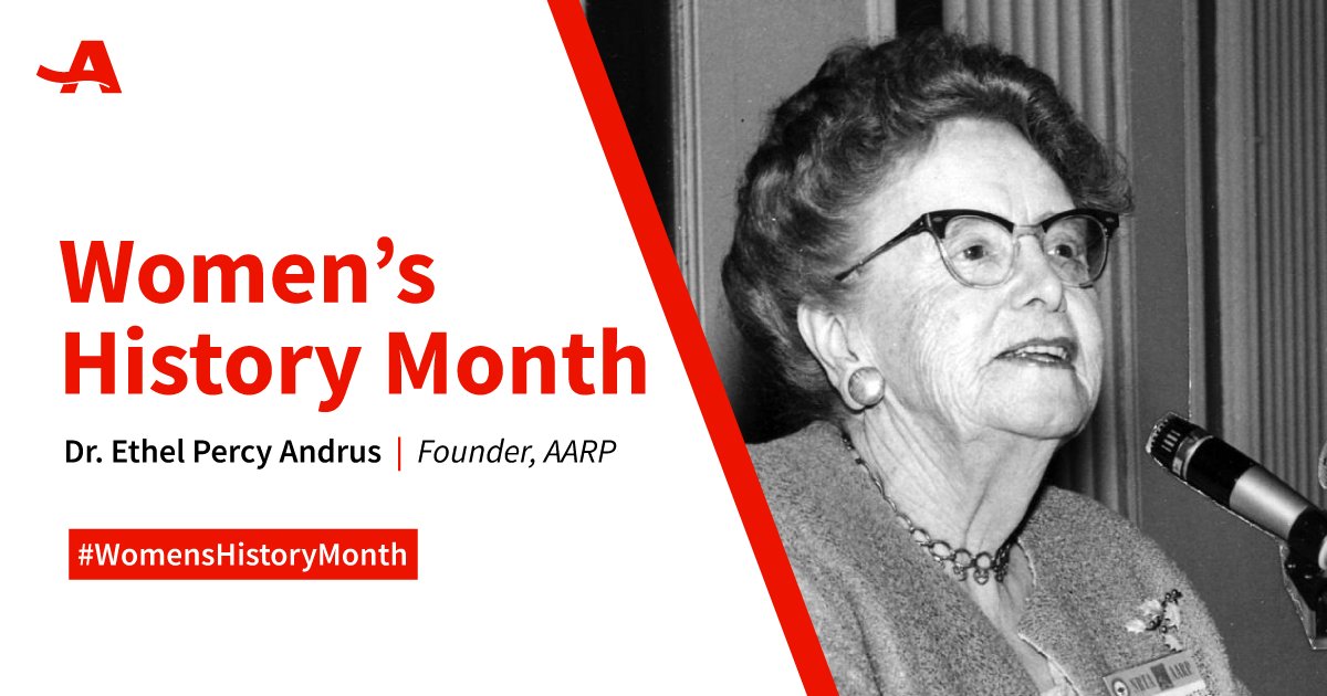 AARPTX's tweet photo. On the first day of Women's History Month, we recognize AARP founder, Dr. Ethel Percy Andrus. In 1958, she established AARP with the belief that older people had the power to improve their lives and lead social change. https://t.co/9QsPivOqgS