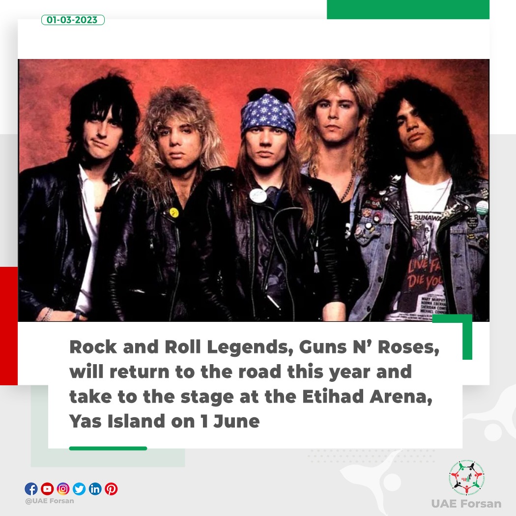 Rock and Roll Legends, Guns N’ Roses, will return to the road this year and take to the stage at the Etihad Arena, Yas Island on 1 June
#EtihadArena #YasIsland #RediscoverEntertainment #RediscoverAD #InAbuDhabi 
@gunsnroses
@yasisland
@yasbayuae
@InAbuDhabi
@etihadarena_ae